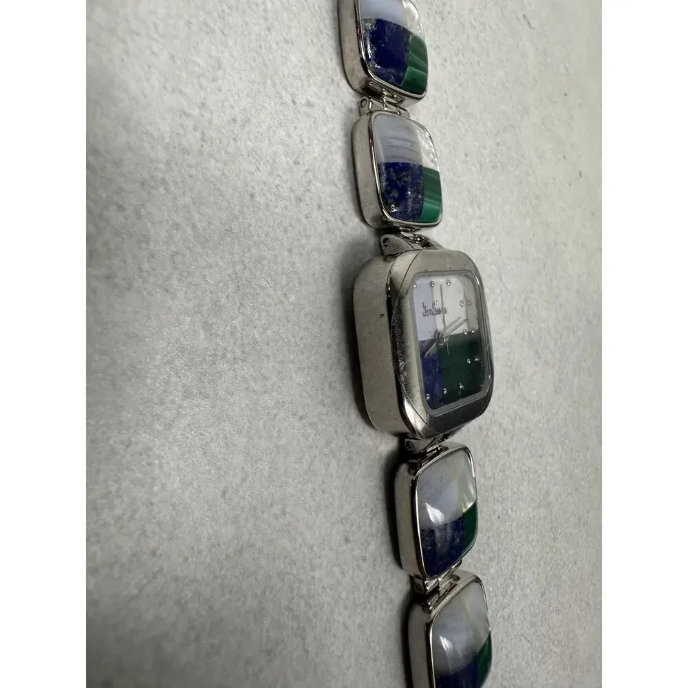 Gem Essence Watch Womens 23mm Square Blue Green White Stone Inlay New Battery